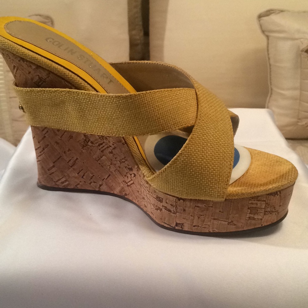 Colin Stuart Yellow Woven Corkscrew Wedged Sandals